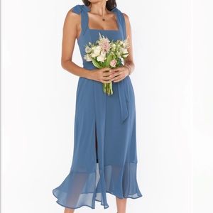 Show Me Your MuMu “Claire Midi Dress” in slate blue chiffon